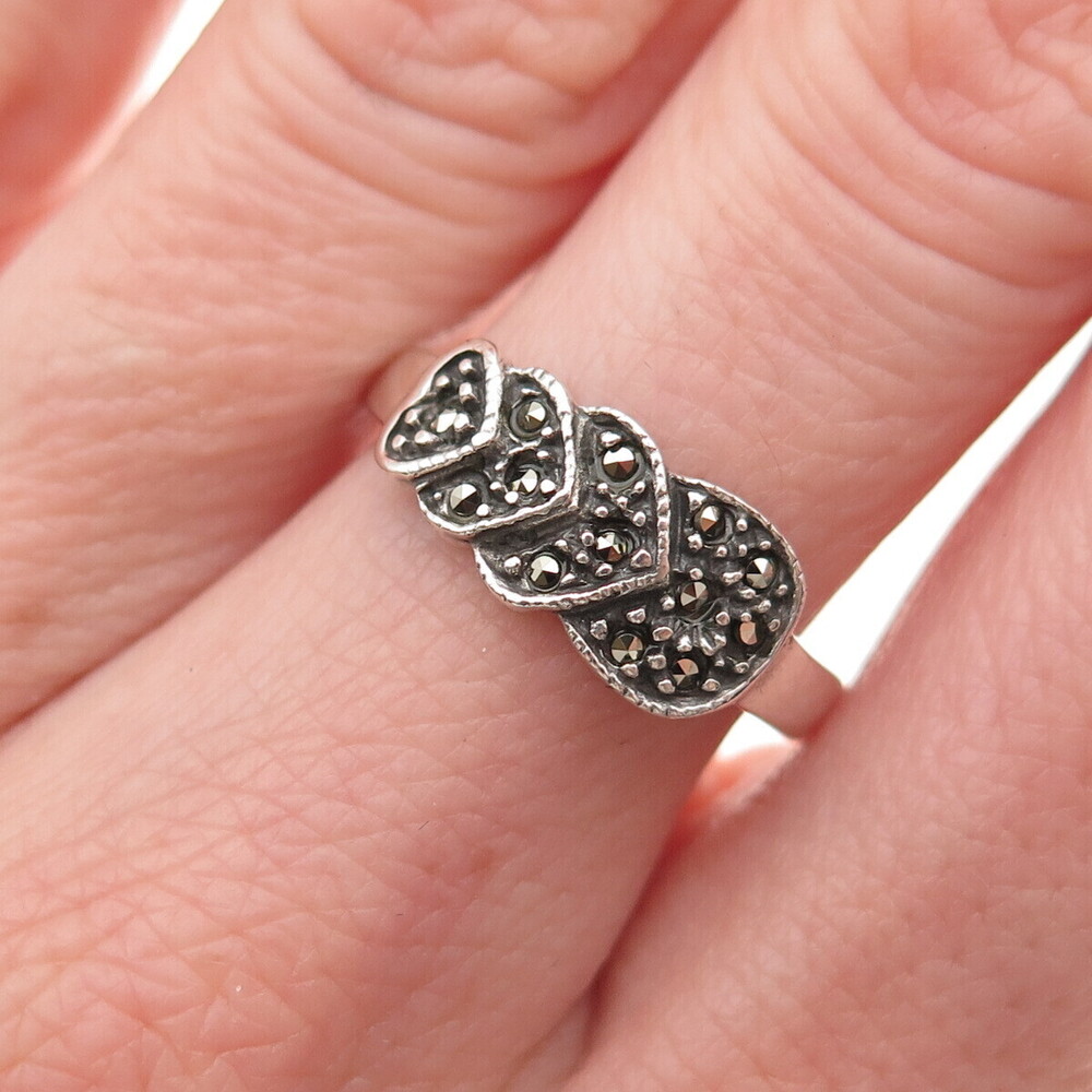 925 Sterling Silver Vintage Real Marcasite Heart Oxidized Ring Size 7